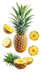 flying pineapple slices isolated on transparent white background, clipping path