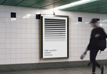 Subway Metro Outdoor Glued Poster Advertising Billboard Mockup Template on Wall