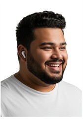 Obraz premium Happy Man with Wireless Earbuds Smiling