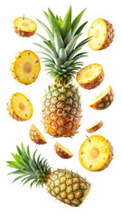 flying pineapple slices isolated on transparent white background, clipping path