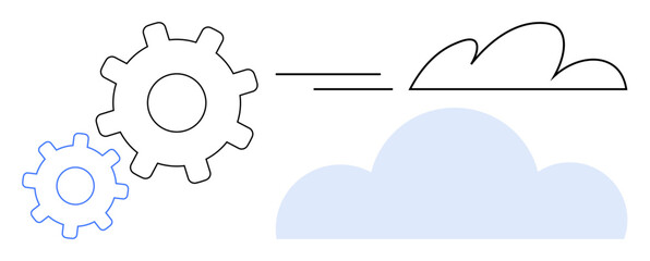 Two interlocking gear shapes connect to a cloud icon, representing processes, innovation, and collaboration. Ideal for technology, automation, cloud computing, teamwork, progress workflow simple