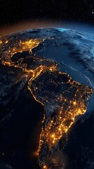 Fototapeta premium A nighttime satellite view of the Americas showing city lights illuminating North and South America against a starry space backdrop.