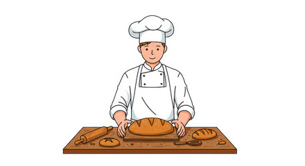 Cartoon Baker with Freshly Baked Bread Illustration