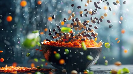 Waterfall of colorful legumes cascading into bowl, surrounded by floating nutrition symbols