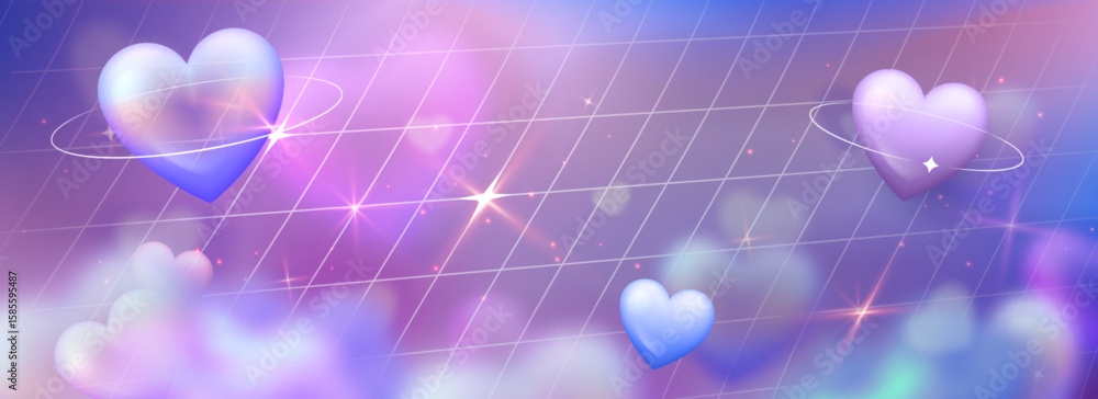 Poster glossy hearts float on pink blue gradient grid with y2k orbital rings and sparkles. retro futuristic