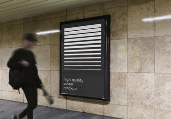 Subway Metro Outdoor Glued Poster Advertising Billboard Mockup Template on Wall