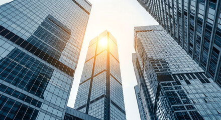 Fototapeta premium Tall glass buildings reflecting bright sunlight skyscrapers architecture