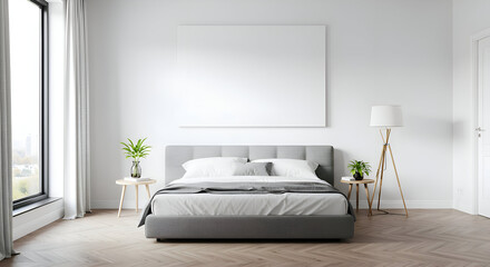 Empty bedroom with a gray bed, featuring a large blank canvas above the bed. A modern, minimalist setting with a view.