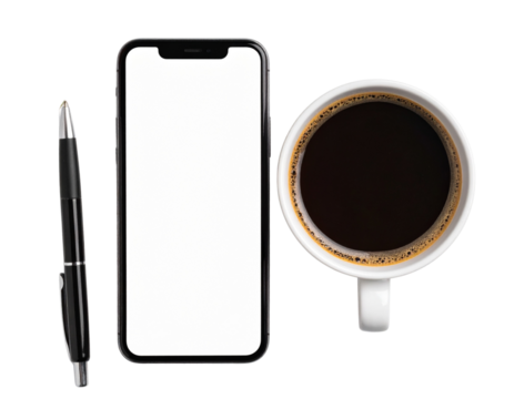 Top-down image of office table with phone, coffee and pen