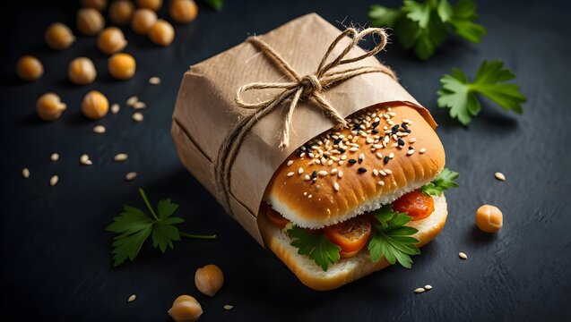 Delicious vegan burger wrapped in paper with chickpeas and parsley food photography