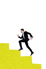 Collage trend artwork sketch poster of young businessman walk ladder career promotion hold laptop...
