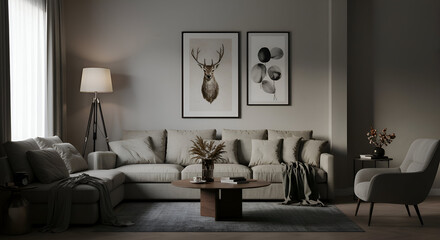 Modern living room featuring neutral tones and natural elements. A comfortable corner sofa with throw blanket, coffee table, and accent chair arranged in a stylish living area.
