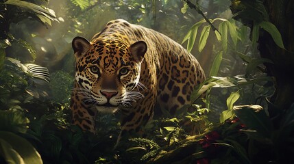Jaguar in a Dense Jungle Undergrowth, Lurking in shadows and plants