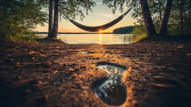 Tranquil lakeside hammock at sunset with footprint