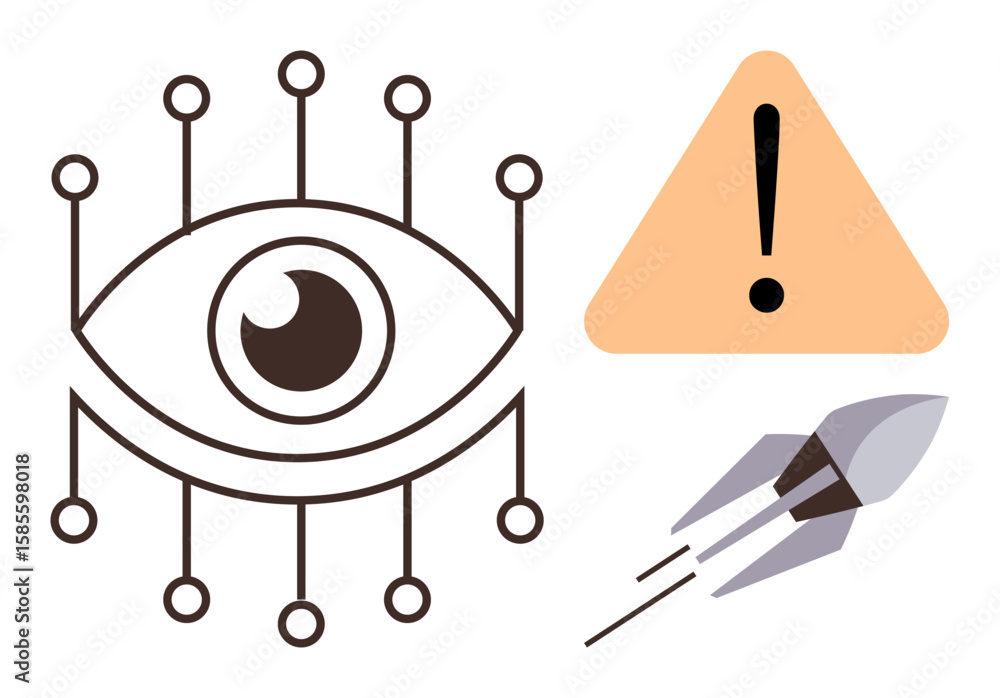 Poster eye with branching connections, triangular warning sign with exclamation mark, and rocket launching 