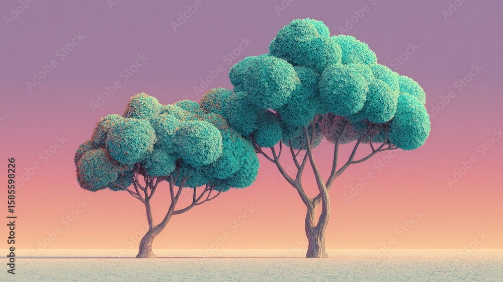 Poster two stylized, rounded trees with dense foliage stand on a flat surface against a gradient pink and o