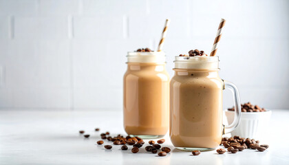 Delicious iced coffee drinks in mason jars topped with whipped cream and chocolate sprinkles, perfect for summer.