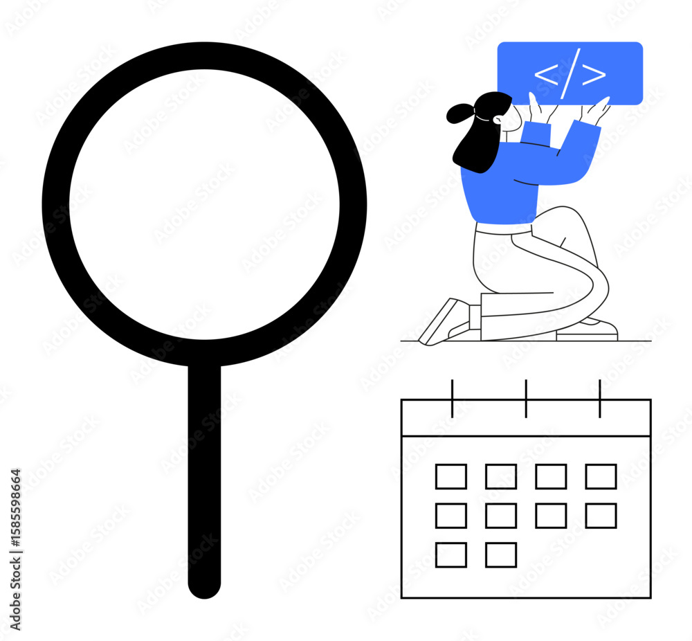Poster large magnifying glass, person working on coding screen, and calendar grid representing planning. id
