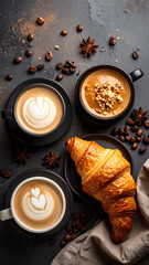 Delightful coffee and croissant arrangement with rich textures and aromas, perfect for a cozy breakfast scene.