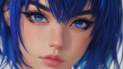 Fototapeta premium Close up portrait of a beautiful anime girl with blue hair and eyes