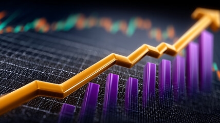Financial Growth Chart with Golden Line and Purple Bars on Dark Background