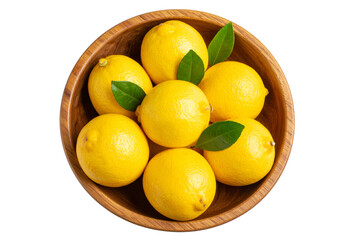 Top View of Wooden Fruit Bowl with Lemons and Leaf Accents, Transparent Background