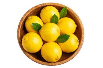 Top View of Wooden Fruit Bowl with Lemons and Leaf Accents, Transparent Background