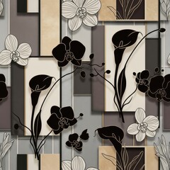 Black and white orchids and calla lilies on a geometric background floral pattern