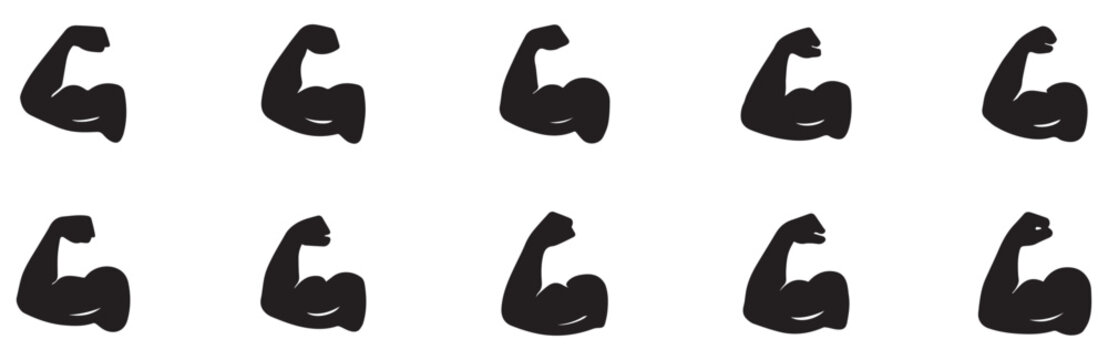 Muscle icon set. Flexed bicep arm icon. Hand emoji. Feats of strength sign. Biceps musclar arm icon. Flexing arm muscles. strong icons. Vector Illustration. Vector Graphic. EPS 10