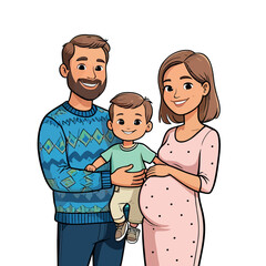 A Joyful Cartoon Illustration of a Growing Family with a Smiling Father Holding a Baby and a Pregnant Mother