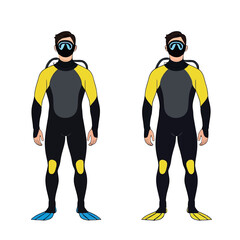 Two Scuba Divers in Wetsuits, One with Blue Fins and One with Yellow Fins, Ready for Underwater Exploration