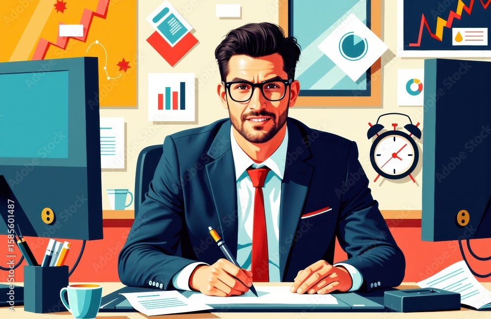 Poster businessman working at desk with computer and charts in office environment