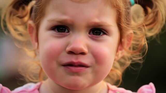 An emotional close-up of a sad redhead toddler girl with pigtails whimpering and about to cry