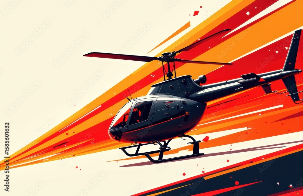 Poster black helicopter flying through a dynamic background with orange and red streaks, creating a sense o
