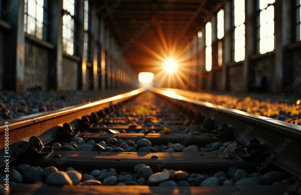 Poster sunset shines through an abandoned train tunnel with railway tracks and rocks in the foreground