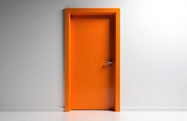A bright orange door set against a plain white wall with a silver handle and no transparency