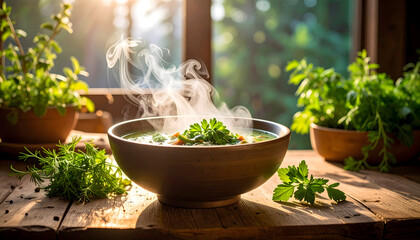 Warm Steaming Soup in Rustic Bowl with Fresh Herbs