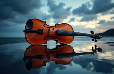 Fototapeta premium A violin rests on a reflective surface with a dramatic cloudy sky in the background