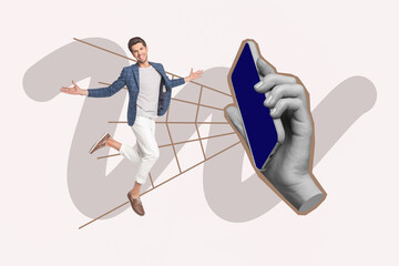 Banner poster collage of person in spider web from gadget on color background