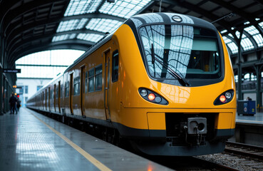 Fototapeta premium Modern yellow train arriving at a spacious train station with a glass roof and high ceilings