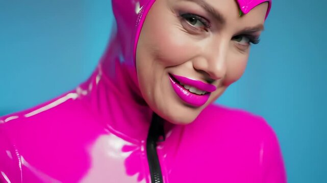 Confident stylish woman in a vibrant pink latex suit smiling in a futuristic fashion concept video