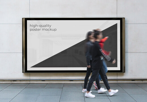 Subway Metro Outdoor Glued Poster Advertising Billboard Mockup Template on Wall