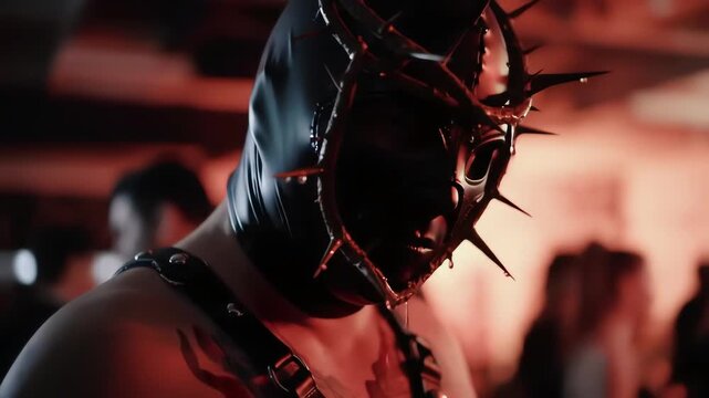 A muscular man in a dark fetish mask with a spiky crown of thorns in a red lit nightclub