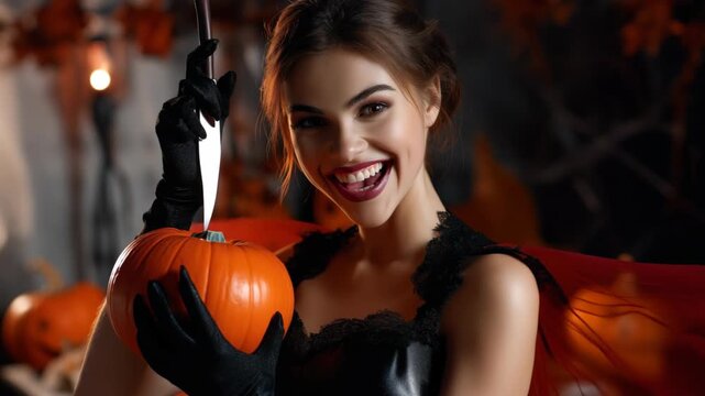 A woman with a devilish smile, dressed in black with a knife, carves a pumpkin in a Halloween setting