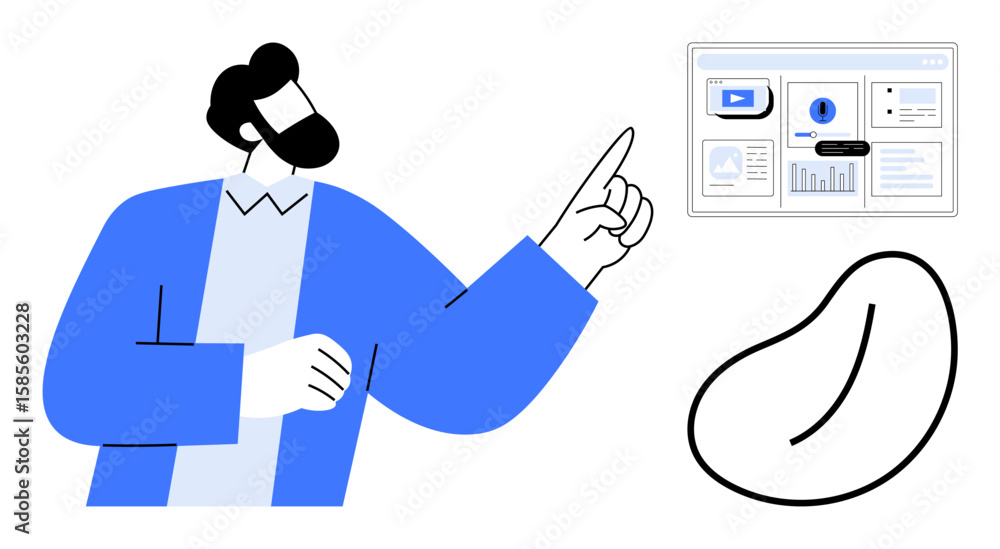 Poster man gestures toward digital dashboard displaying video, charts, analytics. ideal for presentation, d