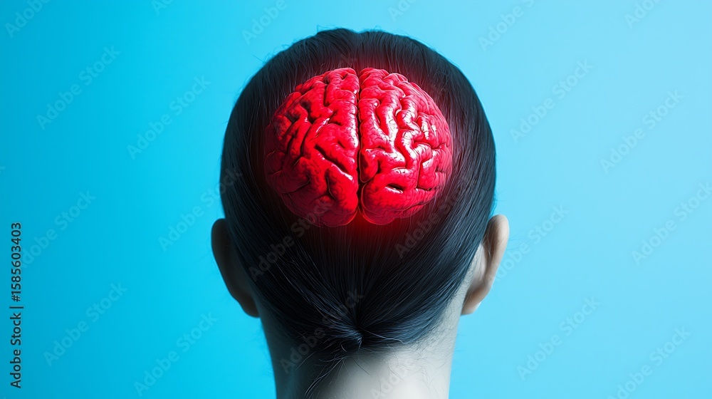 Poster a person viewed from behind with a digitally overlaid red brain on the back of their head against a 