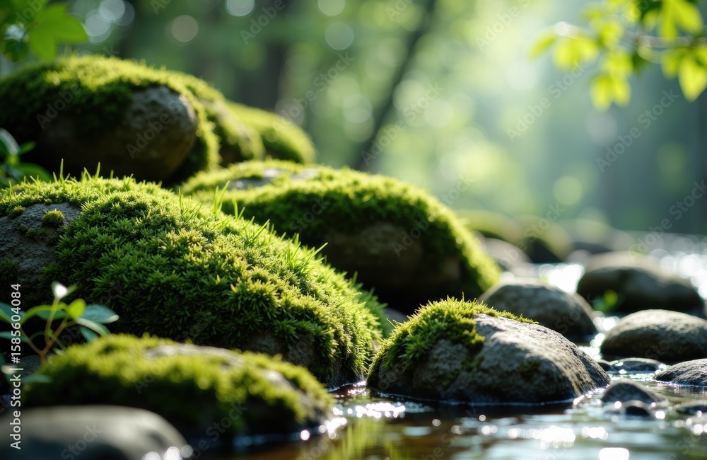 Poster moss-covered rocks in a tranquil forest stream with sunlight filtering through trees