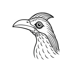 Obraz premium Line art silhouette of a peacock bird head, side profile with crown feathers, elegant black vector illustration on a clean white background, minimal and stylized design