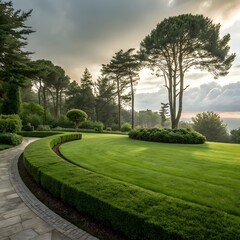 "A beautifully manicured garden with curved hedges, morning mist, and tall pine trees under a dramatic sky."

