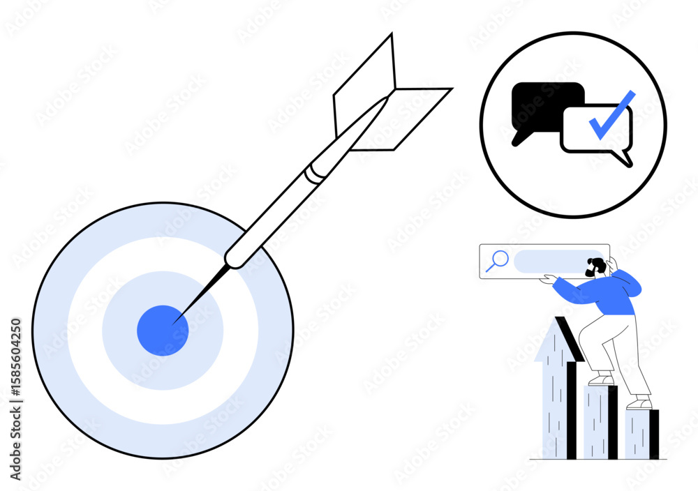 Poster dart hitting bullseye on target, man on bar chart with search bar, speech bubbles with checkmark. id